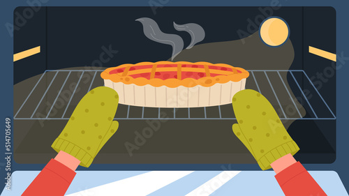 Hands of baker putting fruit cake dessert on tray into kitchen oven to bake vector illustration. Cartoon chef making traditional pie or tart, view from open door of modern electric oven background