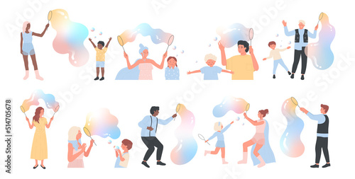 Soap bubble show set vector illustration. Cartoon isolated kids and adults play and blow giant balloons, adorable little girls and boys blowing big bubbles, spheres and air balls on foam party