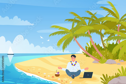 Cartoon young man in hat sitting with laptop at office desk among palm trees background. Freelance concept. Stress relief and zen meditation of businessman on summer sea beach vector illustration