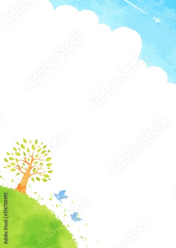 木と空と草原の風景イラスト