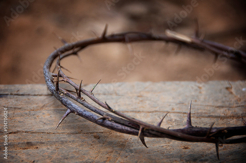 Fotografie, Obraz Copy space for Christian prayer text or quote with crown of thorns on old wood