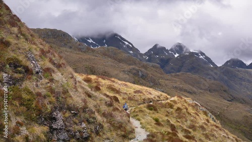 Pan, hiker crosses exposed alpine pass, Routeburn Track New Zealand photo