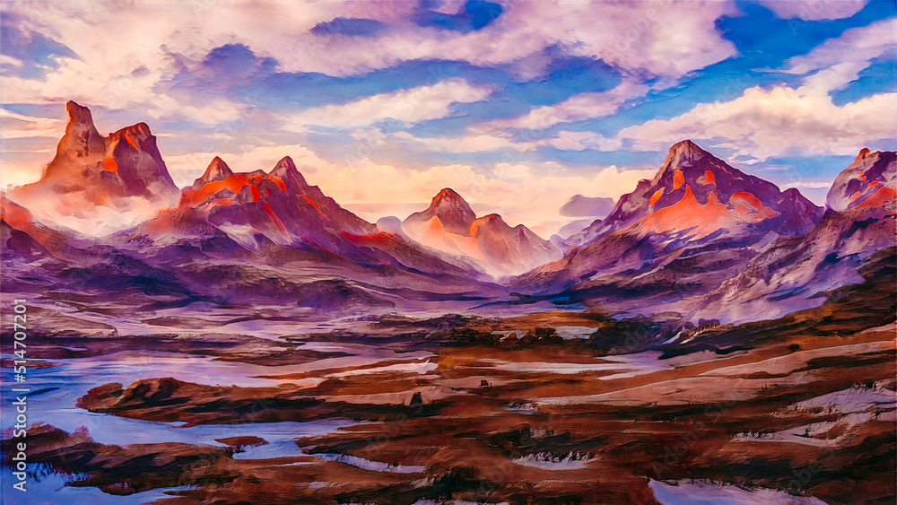 beautiful painting of a sunset in the red mountains