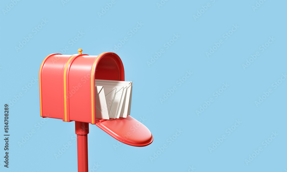 Red mailbox with flying envelope, mail delivery, and newsletter concept. 3d render illustration
Red mailbox with flying envelope, mail delivery, and newsletter concept. 3d render illustration