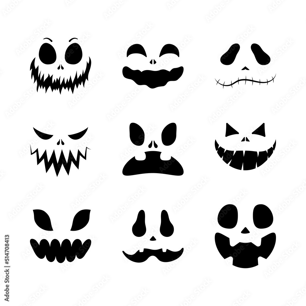 Set of scary smiling faces for Halloween. Vector flat style illustration for design poster, banner, print Set of scary smiling faces for Halloween. Vector flat style illustration for design poster, banner, print