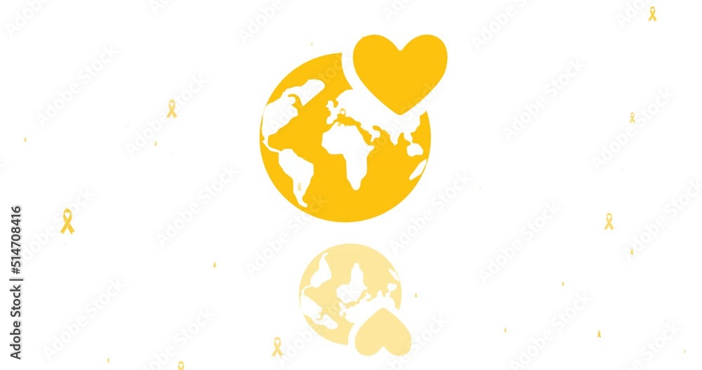 Animation of globe with heart and cancer ribbons icons over white background Animation of globe with heart and cancer ribbons icons over white background
