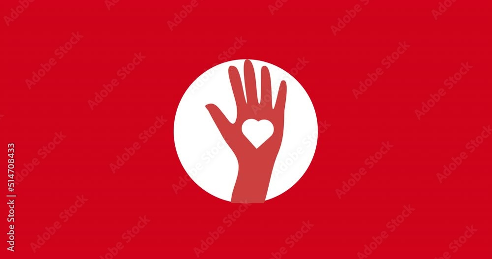 Animation of hand with heart icon over red background Animation of hand with heart icon over red background