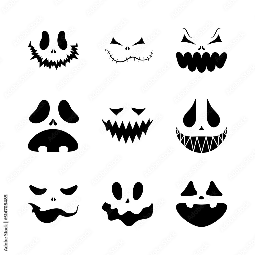 Set of scary smiling faces for Halloween. Vector flat style illustration for design poster, banner, print Set of scary smiling faces for Halloween. Vector flat style illustration for design poster, banner, print