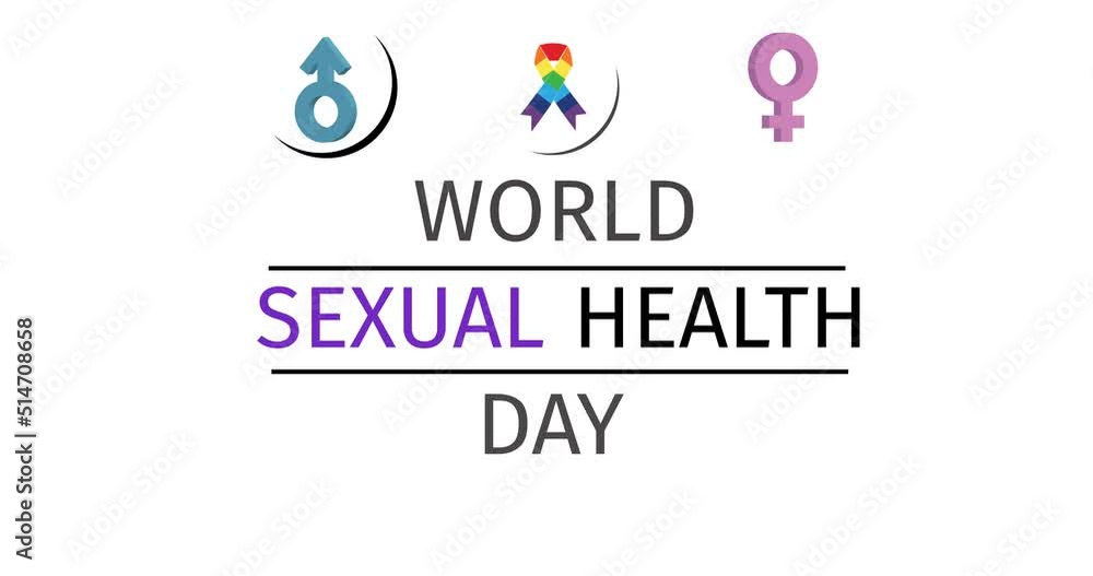 Animation of world sexual health day text and icons on white background Animation of world sexual health day text and icons on white background