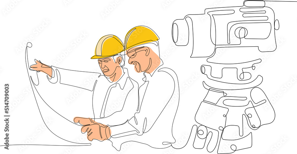 Fototapeta premium Close up of young Caucasian worker with helmet on head using tablet for work while standing in warehouse. Surveyor with a tripod icon. Geodesic tripod. Vector illustration