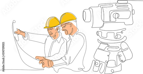 Close up of young Caucasian worker with helmet on head using tablet for work while standing in warehouse. Surveyor with a tripod icon. Geodesic tripod. Vector illustration