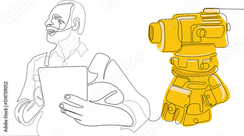 Close up of young Caucasian worker with helmet on head using tablet for work while standing in warehouse. Surveyor with a tripod icon. Geodesic tripod. Vector illustration