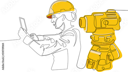 Close up of young Caucasian worker with helmet on head using tablet for work while standing in warehouse. Surveyor with a tripod icon. Geodesic tripod. Vector illustration