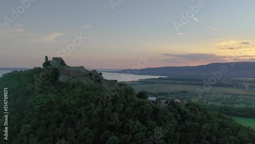 Aerial view of medieval castle ruin of Szigliget at Lake Balaton in Hungary