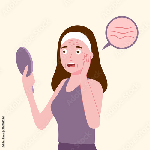 Young woman hand mirror worrying about her wrinkle on face in flat design. Wrinkle aging problem on female skin