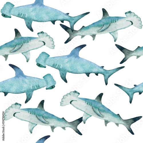 Hand drawn watercolor seamless pattern with hammerhead shark. Sea ocean marine animal, nautical underwater endangered mammal species. Blue gray illustration for fabric nursery decor, under the sea