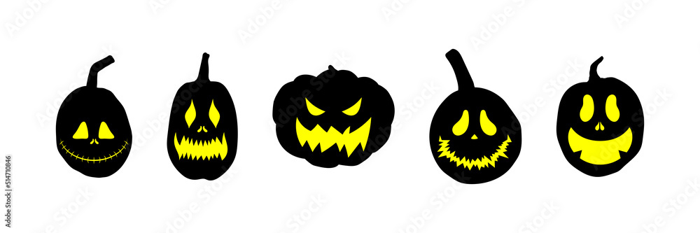 Fototapeta premium Set of Halloween pumpkins with scary glowing faces. Vector flat style illustration for design poster, banner, print