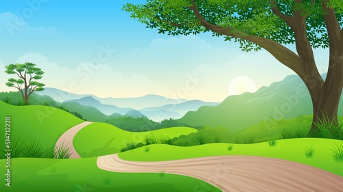 Pathway Going Through Green hills with big tree and mountains at day time