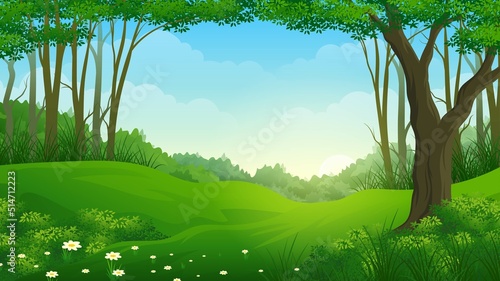 Beautiful mountain meadow cartoon landscape with trees and sunrise sky