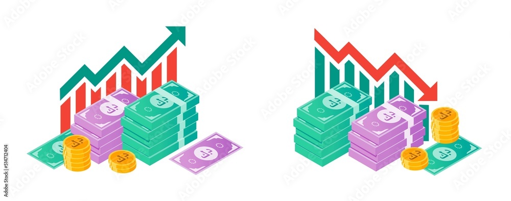 Kuwaiti Dinar Value Up and Down with Money Bundle Illustrations