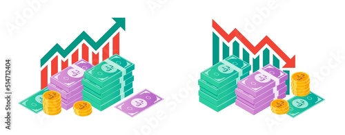 Kuwaiti Dinar Value Up and Down with Money Bundle Illustrations