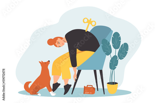 vector illustration in flat style on the theme of emotional burnout. a woman sits wearily on a chair, a winding key sticks out of her back