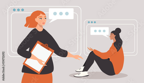 vector illustration in a flat style on the theme of psychological consulting. female psychologist talking to a client