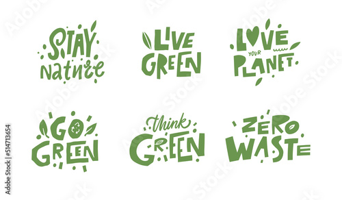 Ecology and nature lettering phrases set collection. Green color doodle style text.