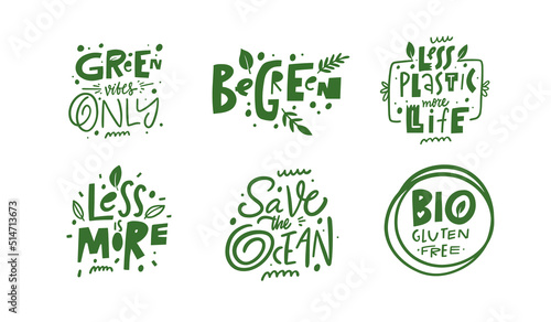 Ecology phrase set. Hand drawn modern typography or calligraphy lettering. Doodle style.