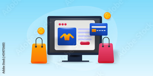 3d concept of ecommerce - online shopping with credit card, shopping bags and ecommerce webstore.
