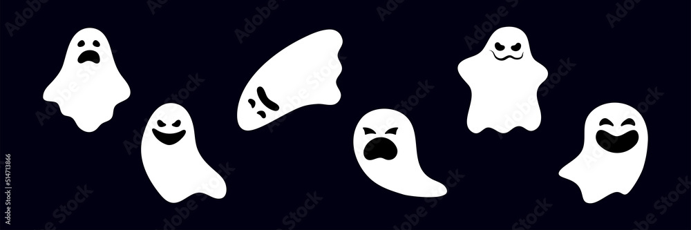 Obraz premium Set of ghosts with scary smiling faces for Halloween. Vector flat style illustration for design poster, banner, print