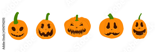 Set of Halloween pumpkins with scary smiling faces. Vector flat style illustration for design poster, banner, print