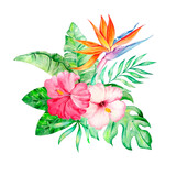Watercolor tropical bouquet of hibiscus leaves