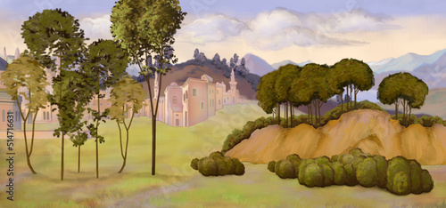 Italian landscape in the style of Vittore Carpaccio photo