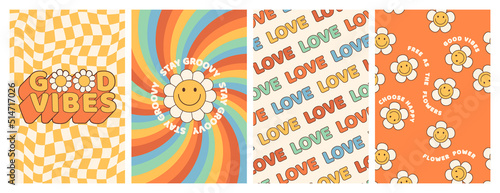 Groovy hippie 70s posters. Funny cartoon flower, rainbow, love, daisy etc. Vector cards in trendy retro psychedelic cartoon style. Vector backgrounds. Stay groovy. Good vibes.