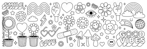 Groovy hippie 70s set. Funny cartoon flower, rainbow, peace, Love, heart, daisy, mushroom etc. Sticker pack in trendy retro psychedelic cartoon style. Isolated vector illustration. Flower power.