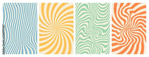 Groovy hippie 70s backgrounds. Waves, swirl, twirl pattern. Twisted and distorted vector texture in trendy retro psychedelic style. Y2k aesthetic.