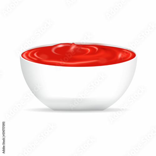 3d ketchup bowl. Tomato sauce bowl realistic composition vector.
