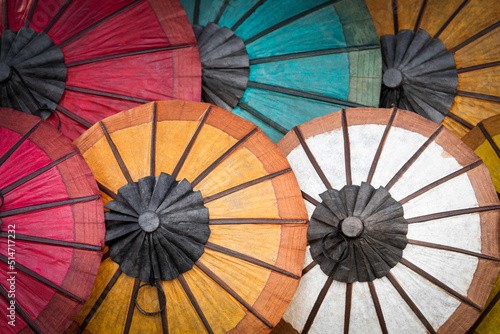 Colorful umbrellas at the night market  Luang Prabang  Laos. Background Pattern.