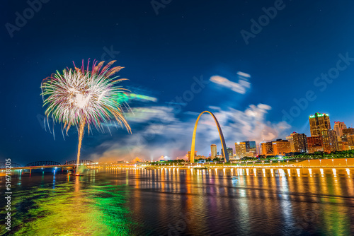 July 4th Fireworks over the Famous monument of Gateway Arch in Missouri with St Louis Skyline and Mississippi River, Missouri, USA
