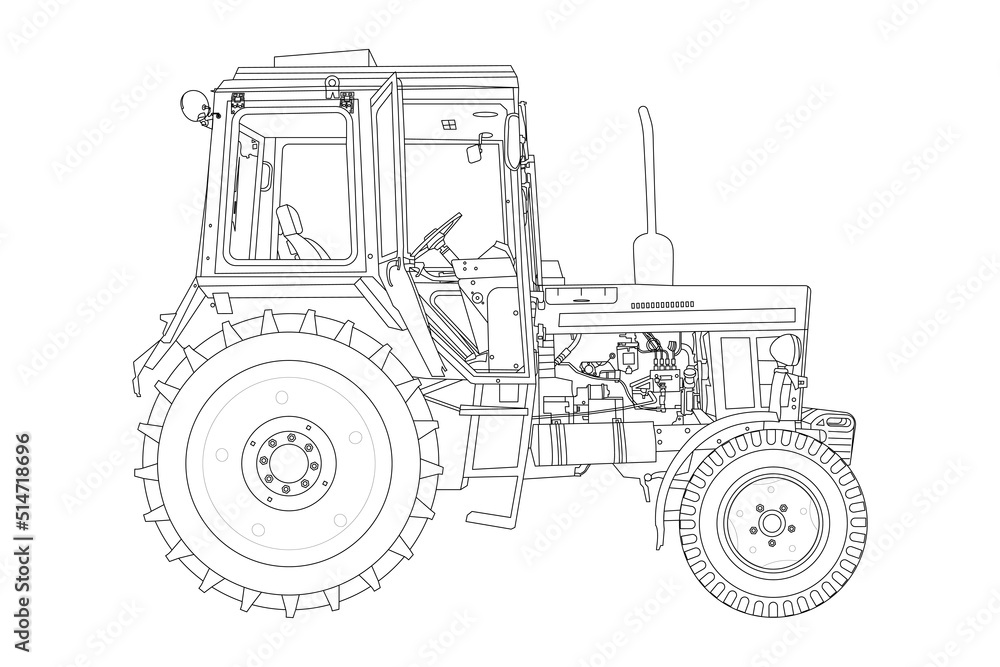 tractor drawn in one line, simple and flat