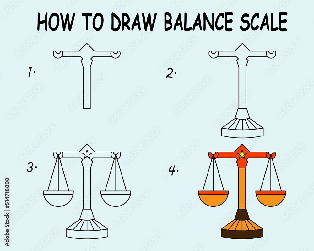 Vettoriale Stock Step by step to draw a Balance Scale. Drawing tutorial