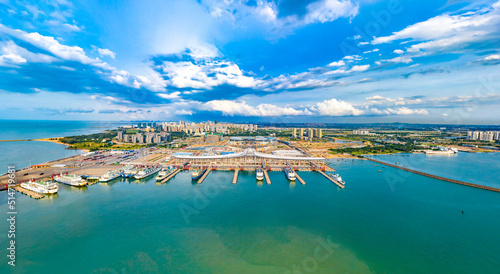 Haikou Port New Seaport, the main Port Receiving Ships from Guangdong Province via Qiongzhou Strait, with 8 passenger and cargo berths, Haikou, Hainan, China.