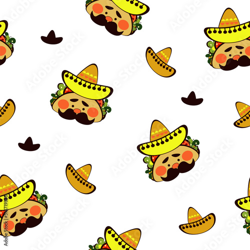 Seamless pattern traditional Mexican food, doodle sketch style vector illustration on white background. 