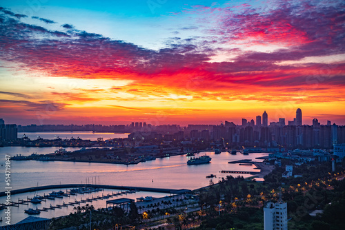Morning Sunrise Scenery of Haikou Port Bay View, the Main Transportation Hub for Free Trade Zone and Free Trade Port of Hainan Province, China, Asia.