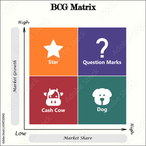 BCG Matrix - Star, Question marks, Cash cow and dog with Icons in a Matrix Infographic template