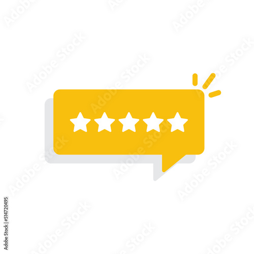 Five star costumer rating isolated on chat bubble icon design vector. Quality feedback satisfaction symbol illustration.