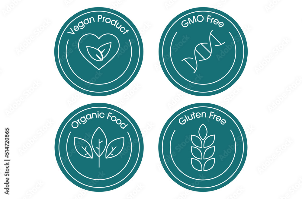 vegan product, gmo free, organic, gluten free icon set vector illustration  - obrazy, fototapety, plakaty 