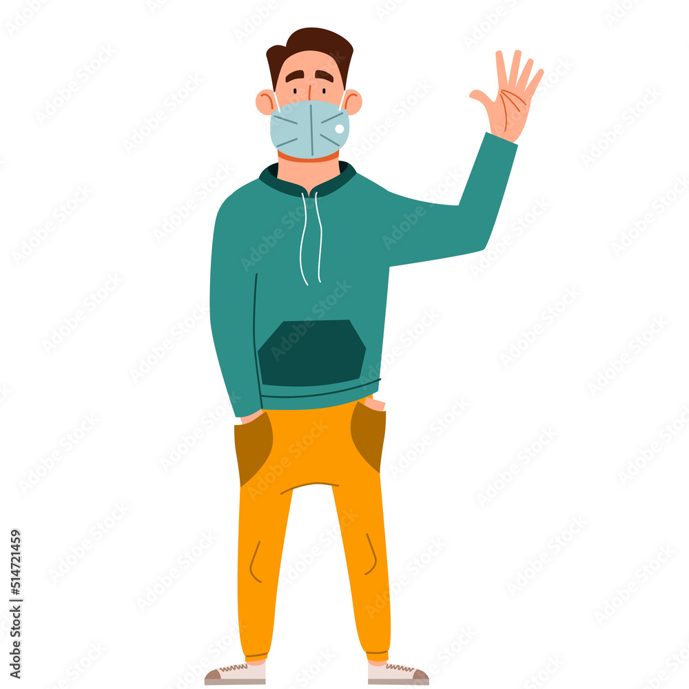 A fashionable handsome man in medical clothes greets. Friendly greeting of a young guy. Vector illustration in a flat style, isolated on a white background.