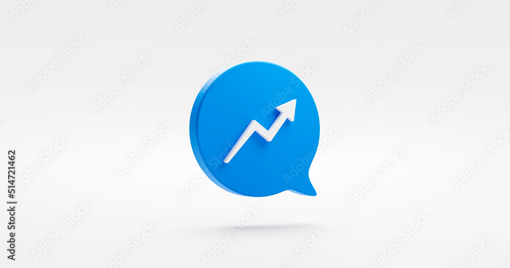 Blue stock arrow 3d icon bubble message isolated on white background with growth business finance market chart symbol or success financial money profit graph and increase economic marketing diagram. Blue stock arrow 3d icon bubble message isolated on white background with growth business finance market chart symbol or success financial money profit graph and increase economic marketing diagram.